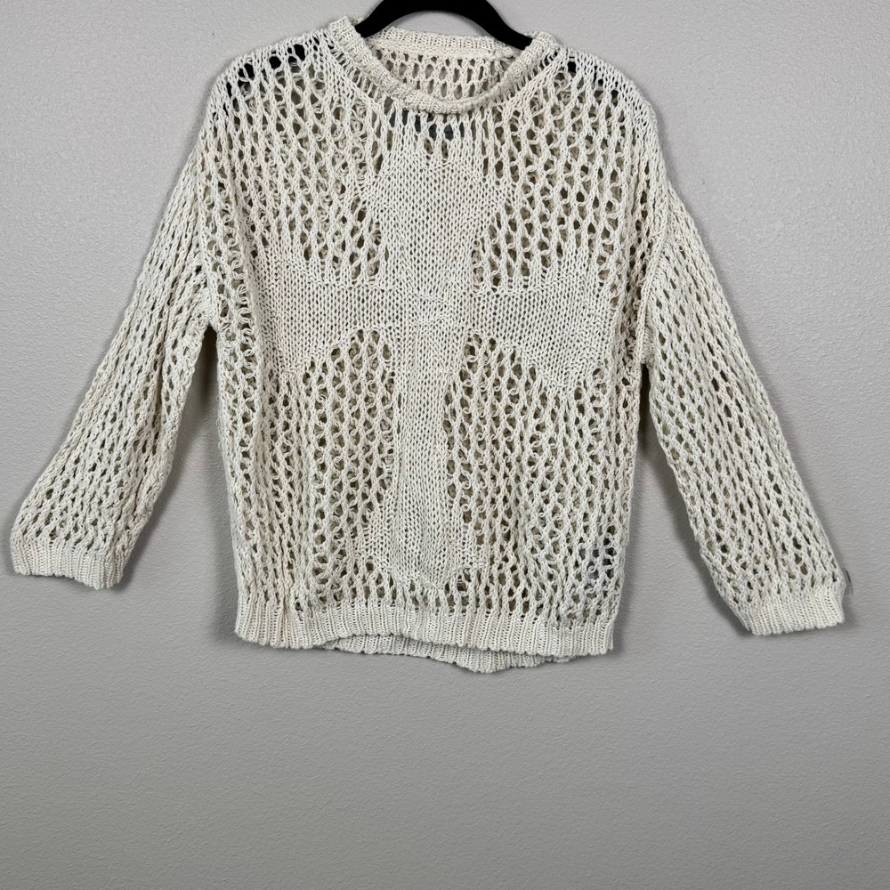 Boho Open Knit Crochet Sweater Cross Detail Cream Coastal Festival Top